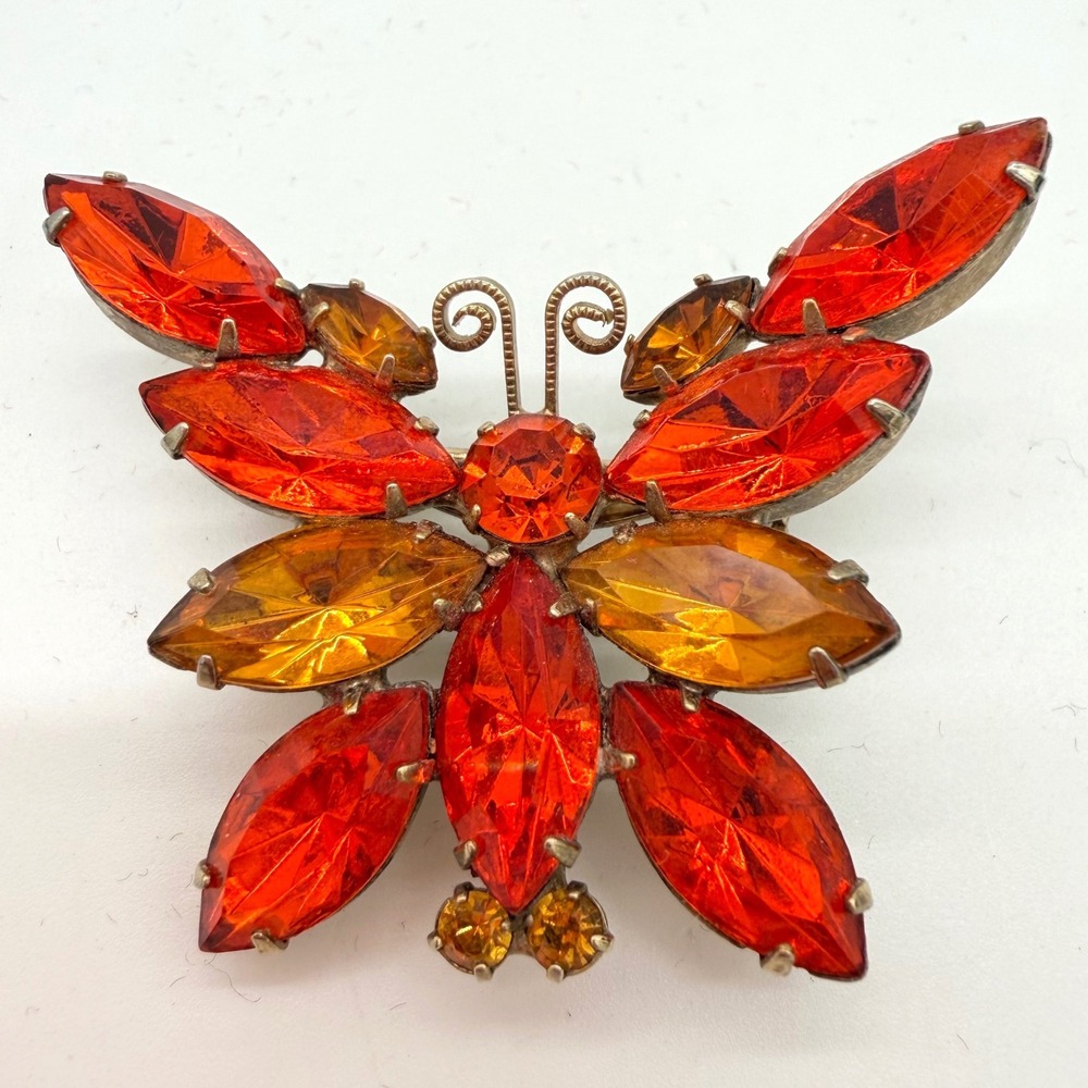 Vintage Orange Amber Rhinestone Butterfly Brooch Gold Tone Mid Century